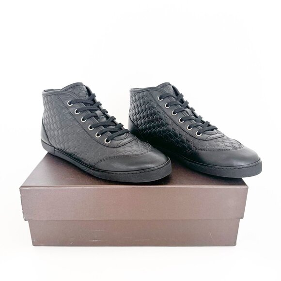 Gucci Mid Top GG Sneakers EU 38 US 8 Black Monogram Leather High Top Trainer - Picture 1 of 13